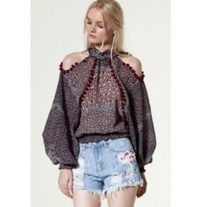 Storets pom pom cold shoulder balloon sleeve blouse top smocked neck and waist